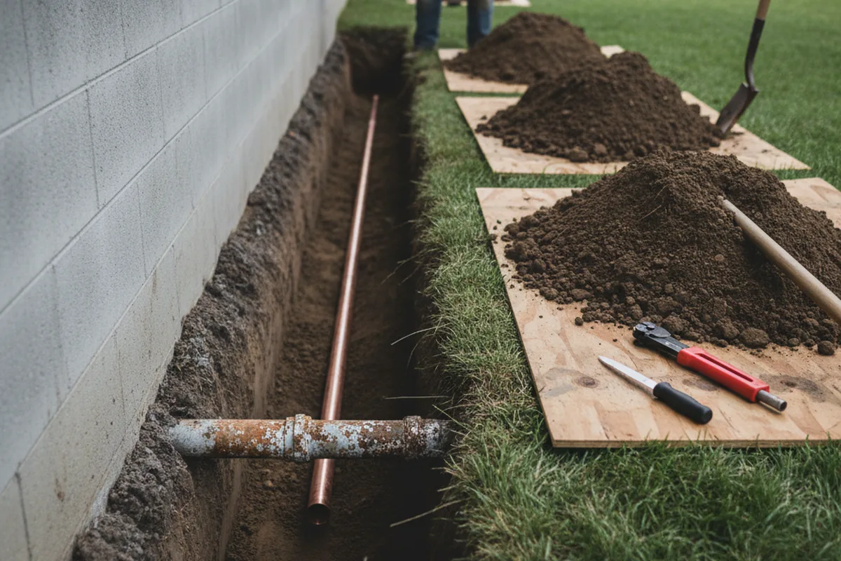 Excavated water line trench during Sewer Line Repair in Norfork